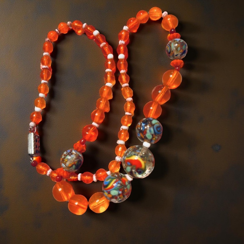 Vintage Art Glass Necklace Elegant Orange Beaded Necklace